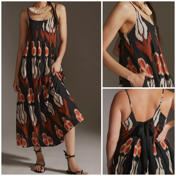 Anthropologie Dresses & Skirts - Anthropologie Nikki Pleated Maxi Dress black ikat print strappy loose fit size S